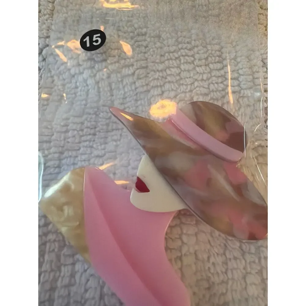 Vintage Pink Lucite Lady Brooch Wide Brim Hat Figural Pin Art Deco Style 2.5
